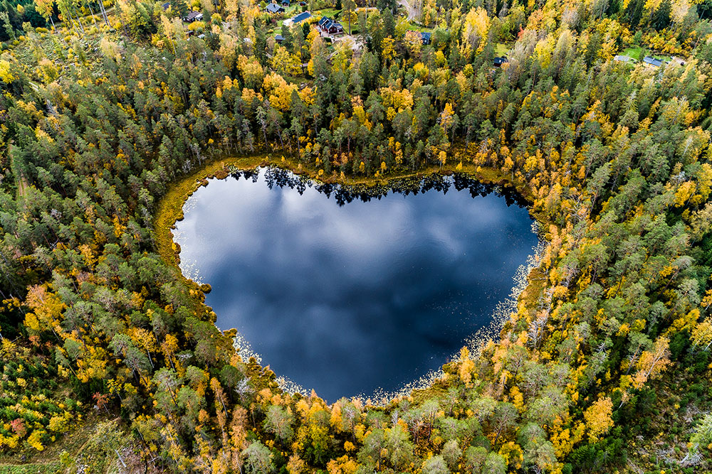 Hjärtformad sjö i skogen